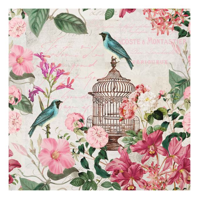 Cuadros plantas Shabby Chic Collage - Pink Flowers And Blue Birds