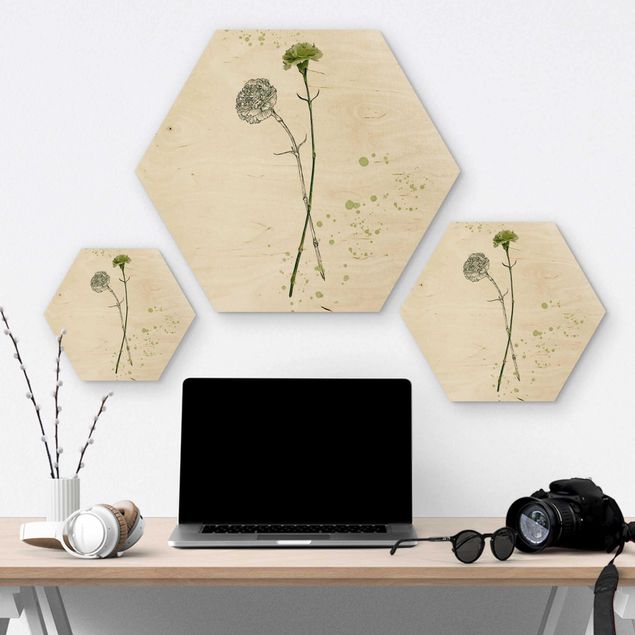 Hexagon Bild Holz - Botanisches Aquarell - Nelke
