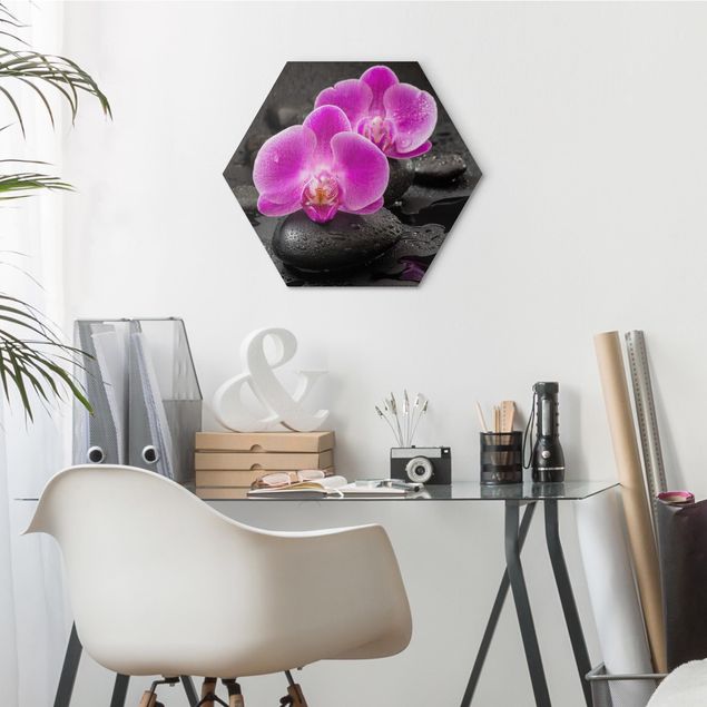 Decoración cocina Pink Orchid Flower On Stones With Drops