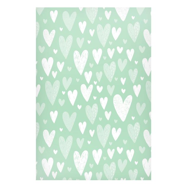 Cuadros románticos para dormitorios Small And Big Drawn White Hearts On Green