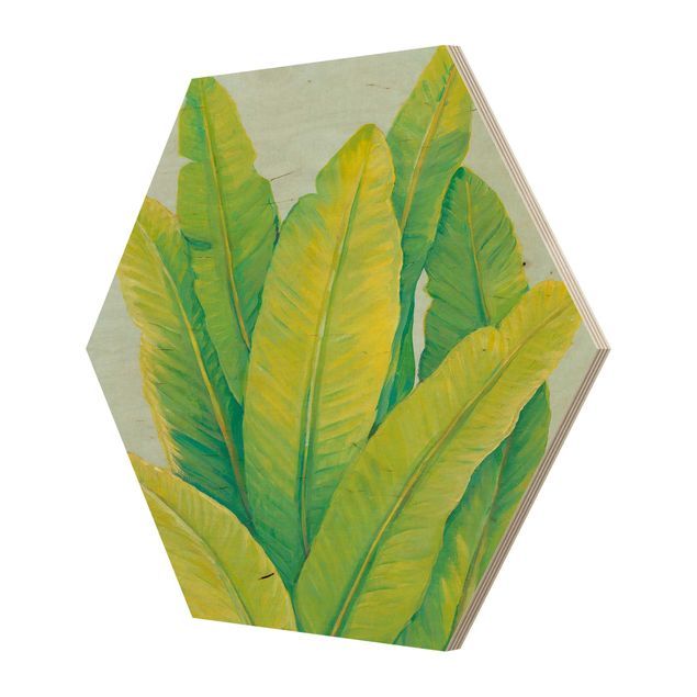 Hexagon Bild Holz - Gelbgrüne Bananenblätter