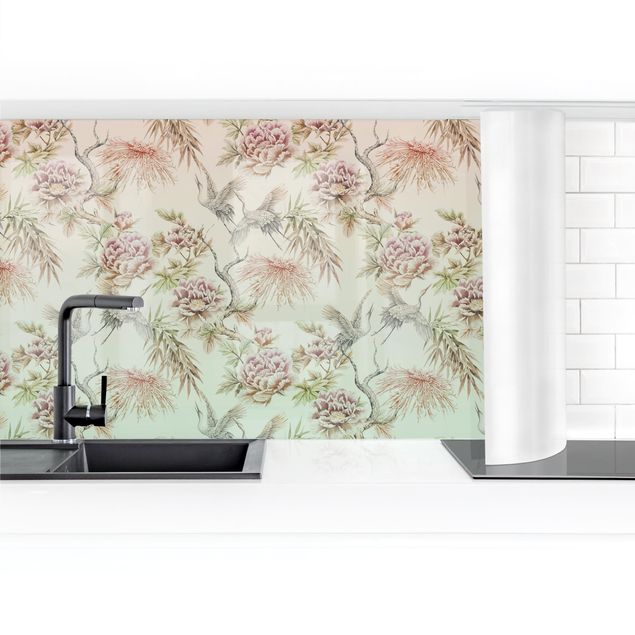 Küchenrückwand - Aquarell Vögel mit großen Blüten in Ombre II