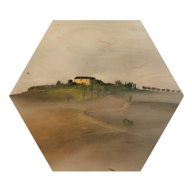 Hexagon Bild Holz - Morgennebel in der Toskana
