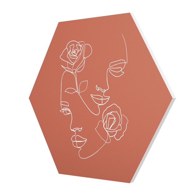 Cuadros en rojo Line Art Faces Women Roses Copper