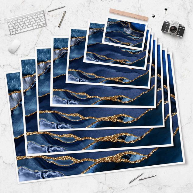 Láminas decorativas Golden Glitter Waves Blue Backdrop