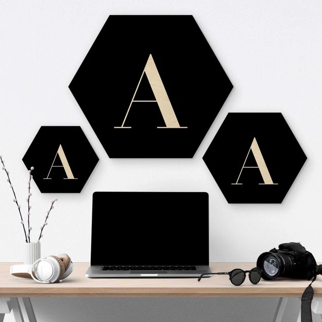 Hexagon Bild Holz - Buchstabe Serif Schwarz A