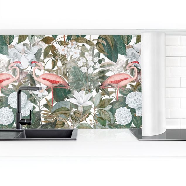 Laminas adhesivas pared Pink Flamingos With Leaves And White Flowers II