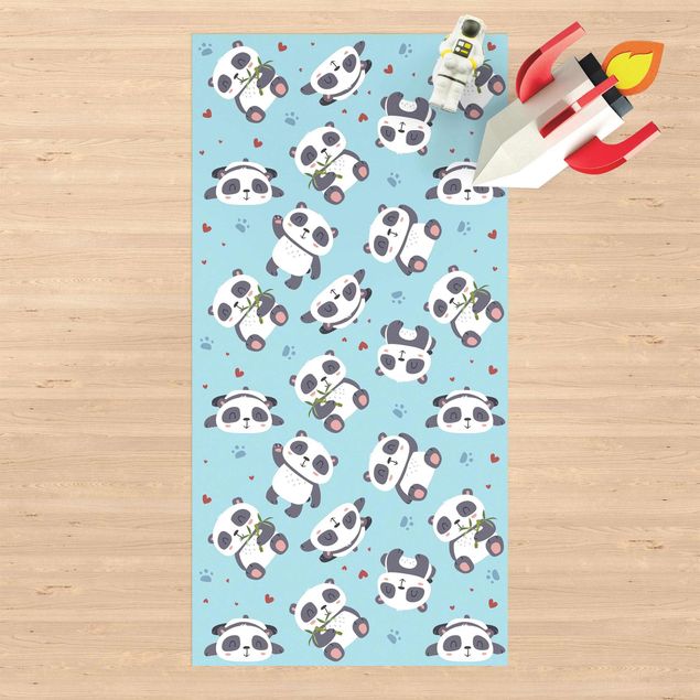 Alfombra exterior Cute Panda With Paw Prints And Hearts Pastel Blue