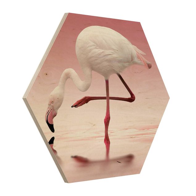Hexagon Bild Holz - Flamingo Dance