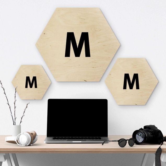 Hexagon Bild Holz - Buchstabe Weiß M