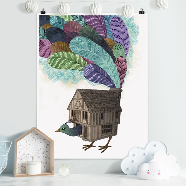 Póster cuadros famosos Illustration Birdhouse With Feathers