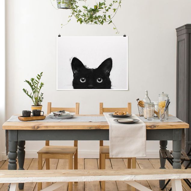 Póster blanco y negro Illustration Black Cat On White Painting