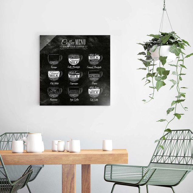 Cuadros de cristal blanco y negro Coffee Varieties Chalkboard