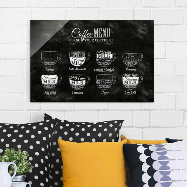 Cuadros de cristal blanco y negro Coffee Varieties Chalkboard