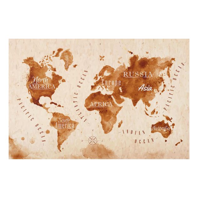 Cuadros de cristal mapamundi World Map Watercolour Beige Brown