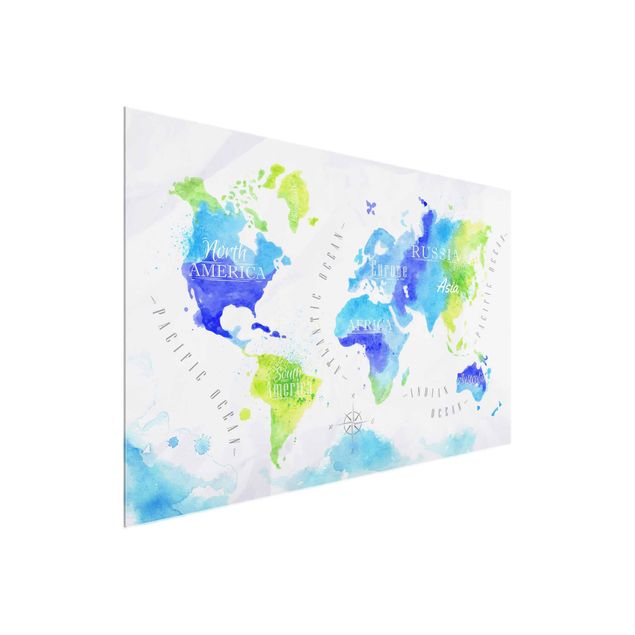 Cuadros de cristal mapamundi World Map Watercolour Blue Green