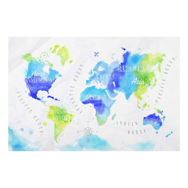 Cuadros en tonos azules World Map Watercolour Blue Green