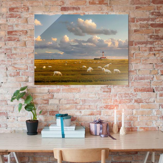Cuadro con paisajes North Sea Lighthouse With Flock Of Sheep