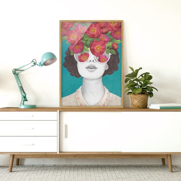 Láminas de cuadros famosos Illustration Portrait Woman Collage With Flowers Glasses