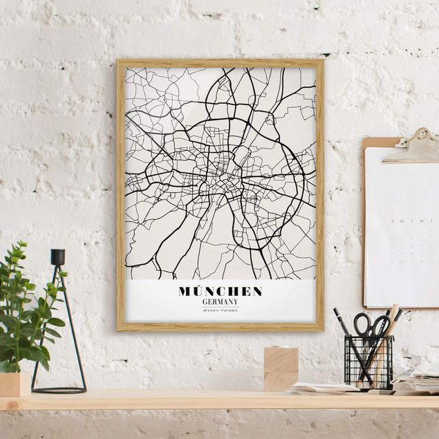Pósters enmarcados en blanco y negro Munich City Map - Classic