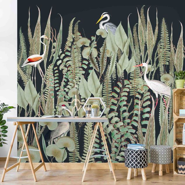 Papel pared flamencos Flamingo And Stork With Plants On Green