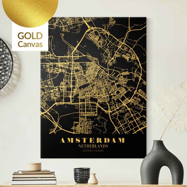 Cuadro de mapamundi Amsterdam City Map - Classic Black