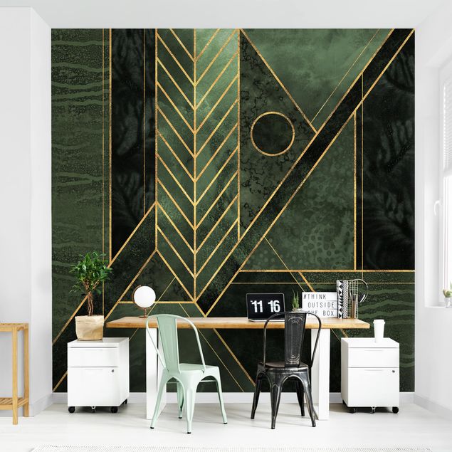 Papel pintado con patrones Geometric Shapes Emerald Gold