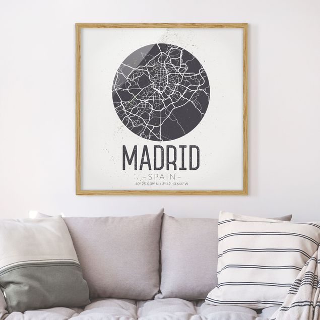 Pósters enmarcados en blanco y negro Madrid City Map - Retro