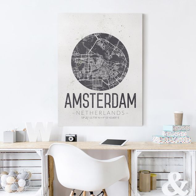 Lienzos en blanco y negro Amsterdam City Map - Retro