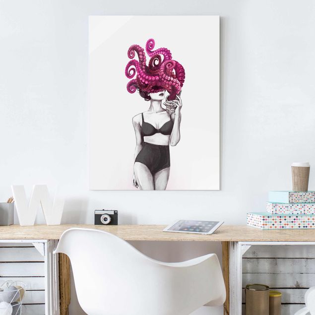 Cuadros de peces modernos Illustration Woman In Underwear Black And White Octopus