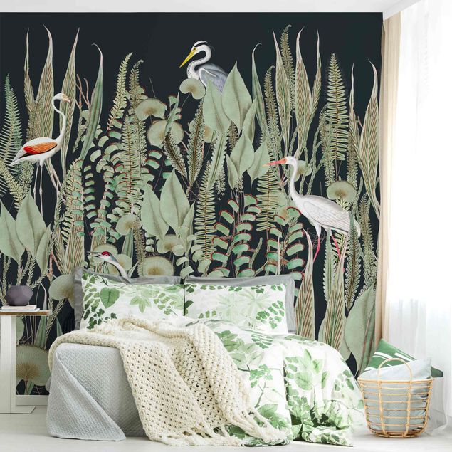 Papel pintado flores Flamingo And Stork With Plants On Green
