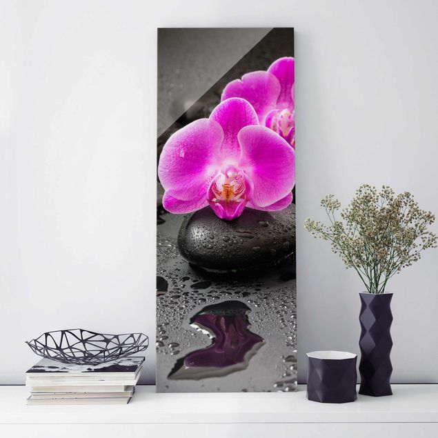 Cuadros de cristal orquídeas Pink Orchid Flower On Stones With Drops