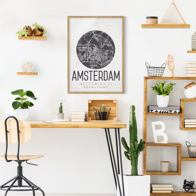 Pósters enmarcados de mapamundi Amsterdam City Map - Retro