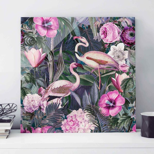 Cuadros de cristal rosas Colourful Collage - Pink Flamingos In The Jungle