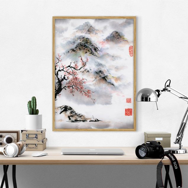 Decoración de cocinas Japanese Watercolour Drawing Cherry Tree And Mountains