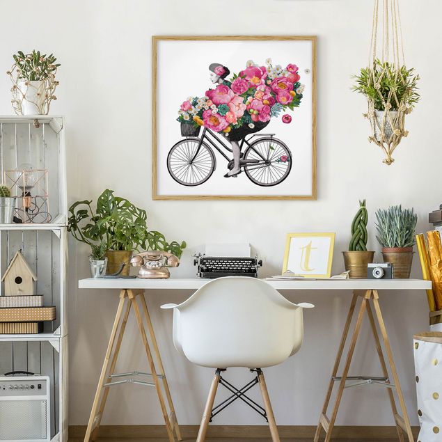 Pósters enmarcados flores Illustration Woman On Bicycle Collage Colourful Flowers