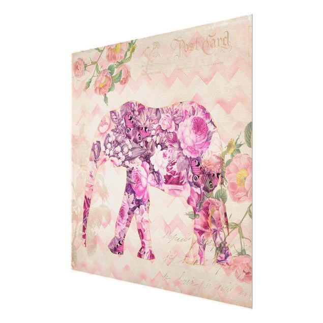 Cuadros de plantas Vintage Collage - Pink Flowers Elephant
