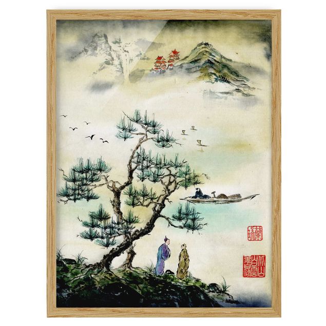 Cuadros paisajes Japanese Watercolour Drawing Pine And Mountain Village