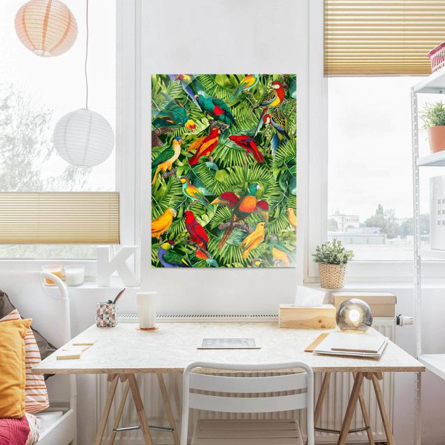 Cuadros de cristal flores Colourful Collage - Parrots In The Jungle