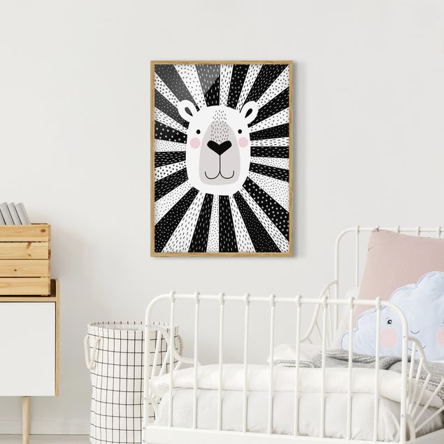 Pósters enmarcados en blanco y negro Zoo With Patterns - Lion