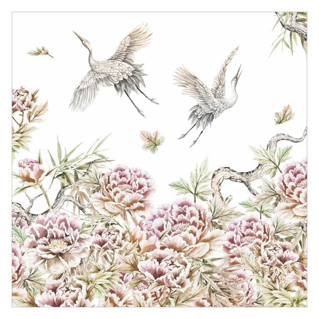 Papel pintado infantil animales Watercolour Storks In Flight With Roses