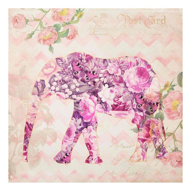 Cuadros de cristal flores Vintage Collage - Pink Flowers Elephant