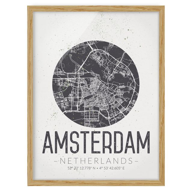 Pósters enmarcados con frases Amsterdam City Map - Retro