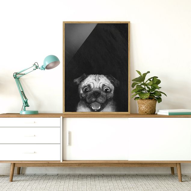 Pósters enmarcados en blanco y negro Illustration Dog Pug Painting On Black And White