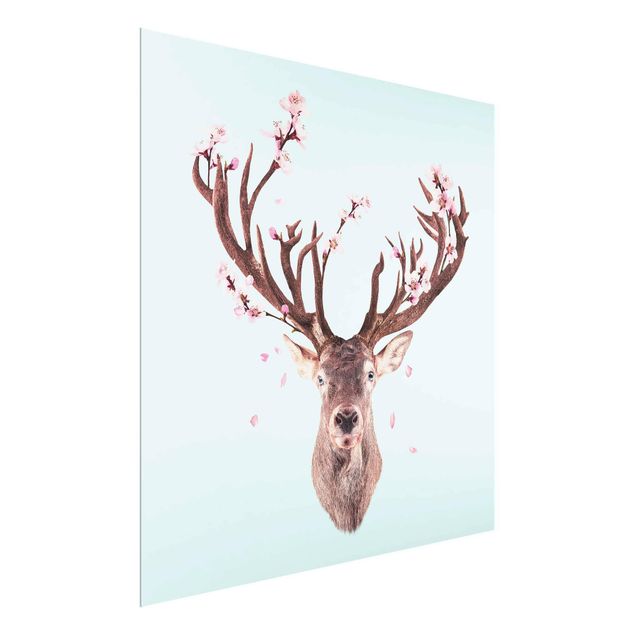 Cuadros de cristal flores Deer With Cherry Blossoms