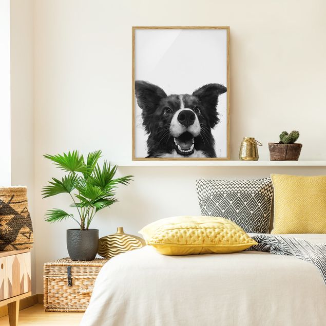 Pósters enmarcados en blanco y negro Illustration Dog Border Collie Black And White Painting