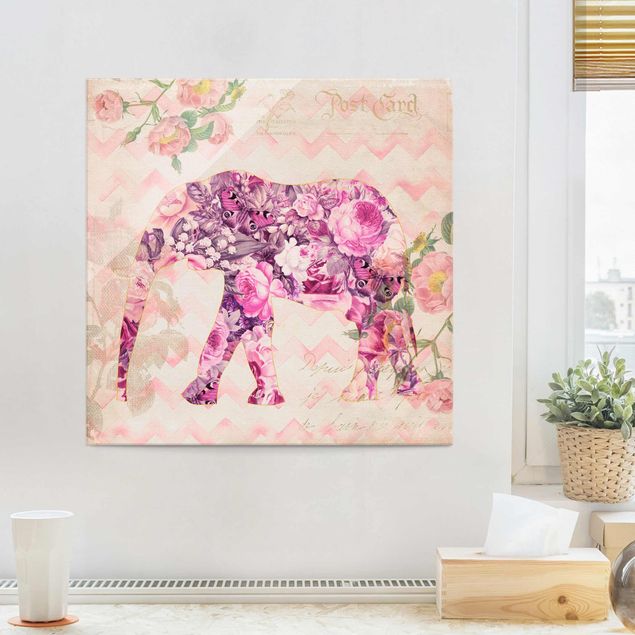 Cuadros de cristal rosas Vintage Collage - Pink Flowers Elephant