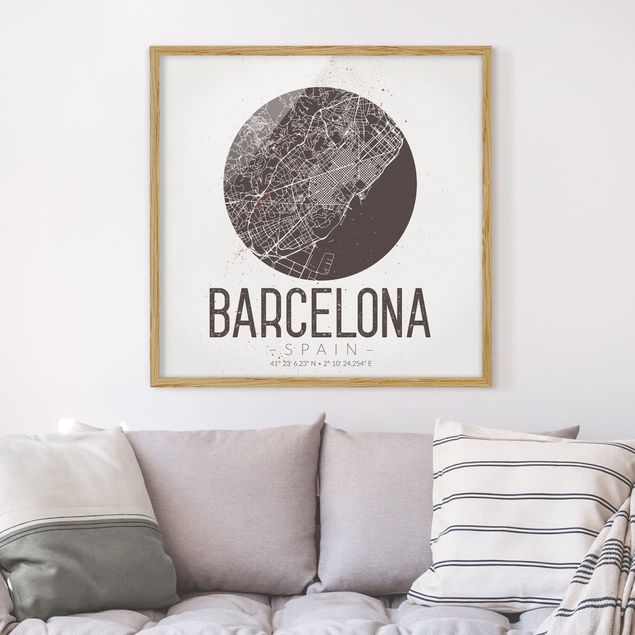 Pósters enmarcados en blanco y negro Barcelona City Map - Retro