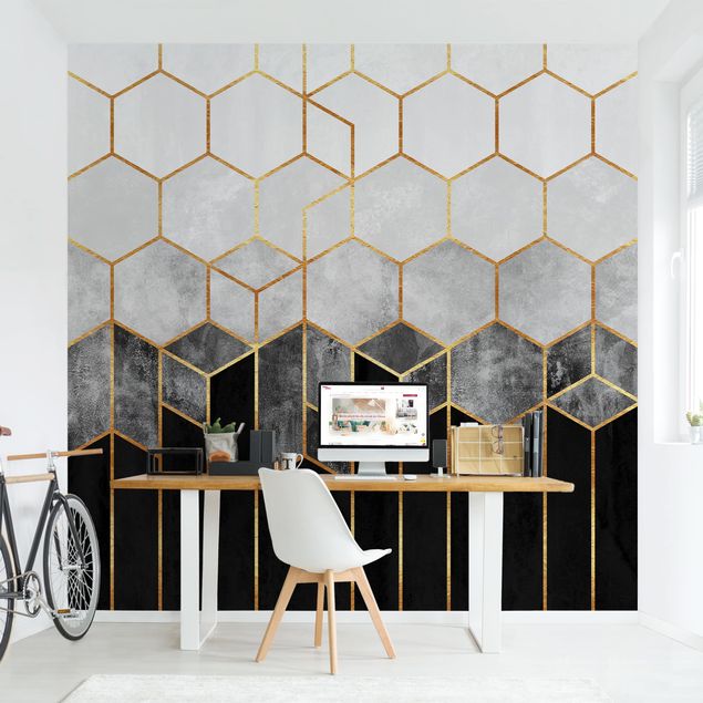 Papel pintado plateado Golden Hexagons Black And White