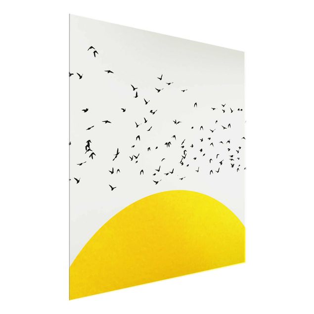 Cuadros de cristal paisajes Flock Of Birds In Front Of Yellow Sun